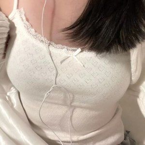 y2k lace milkmaid cami top by no boundaries featuring a creamy white base, empir